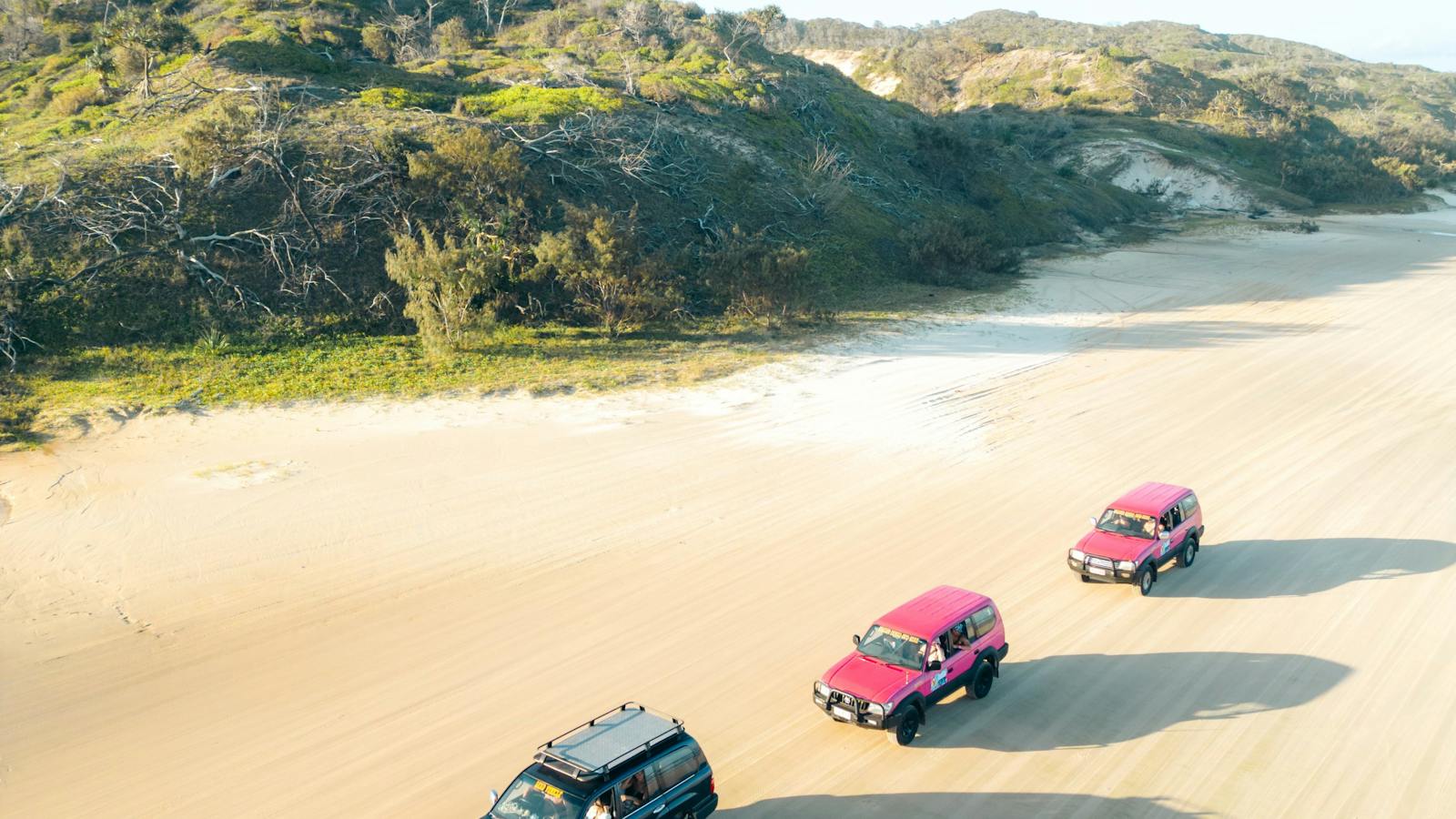 Fraser Dingo 4WD tour vehicles driving along the beach on K’gari